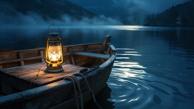 Lantern-Lit Rowboat on Misty Lake Under Moonlight &ndash; Peaceful Ramadan Night Scene with Spiritual Solitude