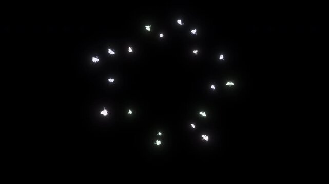 A medium number of glowing 3D butterflies move slowly and smoothly in a circular loop around a round frame. Magical seamless loop animation in 4K resolution with alpha channel, ideal for fantasy.