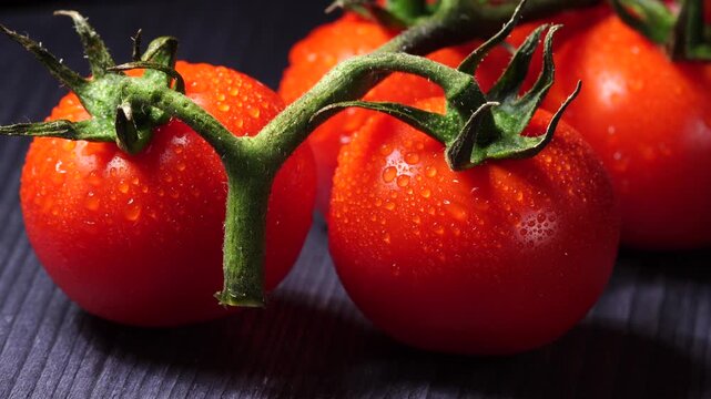 Tomatoes on a dark board move lengthwise. The tomatoes have a yellow and orange tint. Drops of water on the vegetables, dark background.