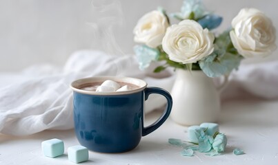 small navy blue ceramic cup with light hot cocoa, steam rising from the cup, with white marshmallows floating on top.
