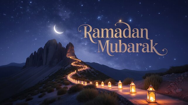 Ramadan Mubarak Crescent Moon Path with Lanterns &ndash; Spiritual Night Journey in Mountain Landscape Under Starry Sky