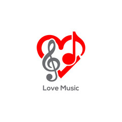 Fototapeta premium Creative love music logo featuring a red heart with a treble clef and musical notes for romantic audio branding 