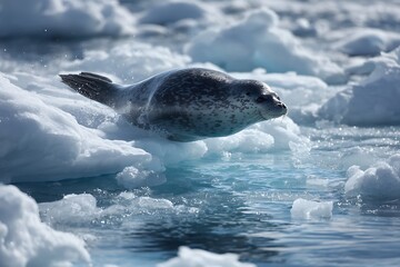 Fototapeta premium A leopard seal gliding smoothly through icy cold waters surrounded by floating ice chunks