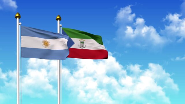 Waving flags of ARGENTINA and EQUATORIAL GUINEA on pole included with alpha