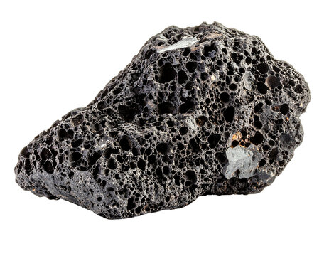 Dark, porous volcanic rock with a rough texture and embedded mineral fragments