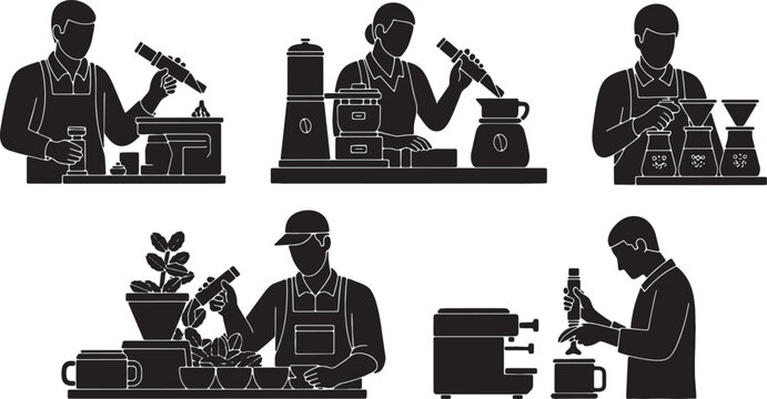 5 Black Solid Silhouettes of Smart Coffee Producers