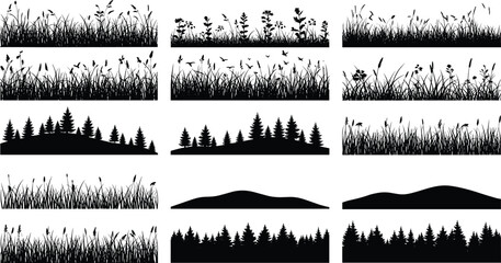 Obraz premium Nature grass and forest silhouette collection with hills, trees and meadow landscapes isolated black vector elements for design backgrounds