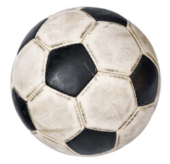 Old Soccer ball. Classic black and white football with wear and tear from play isolated on transparent background or png file. © Panupong