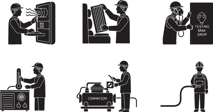 6 Black Solid ECS Technician Silhouettes Set on White Background
