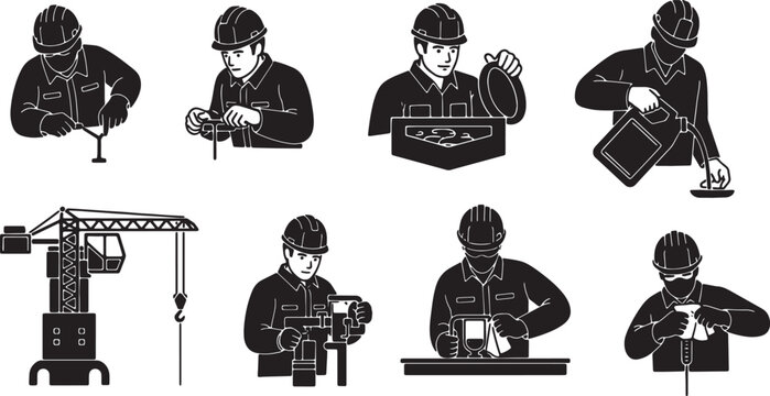 6 Black Solid Engine Fluid Check Silhouettes Set on White Background