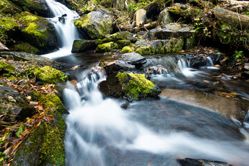 Obraz premium Blurred waterfall throughing mossy rocks