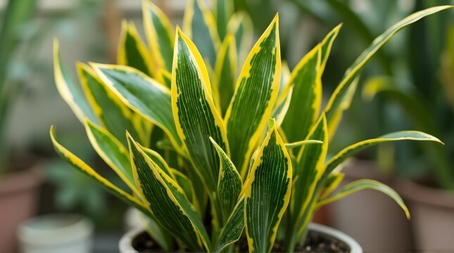 a group of Dracaena trifasciata leaves growing closely together in a pot