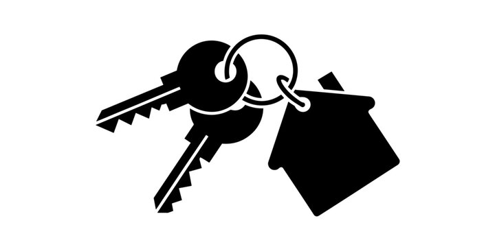 Pair of black keys with house shaped keychain vector illustration for real estate property ownership concept mortgage apartment residence security access home purchase or rental business for website p