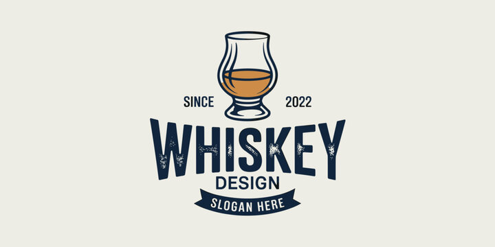 Vintage whiskey glass logo design template for branding and bar promotion crafted beverage label concept premium alcohol advertisement retro style illustration for distillery business or pub graphic e