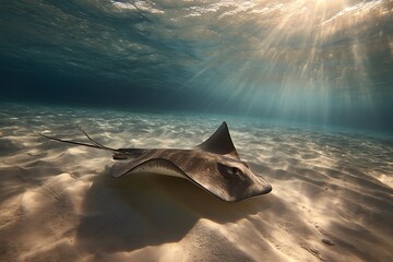 A stingray gliding gracefully across the ocean floor, its wings casting shadows on the sand