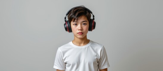 Cyberbullying prevention concept. Young boy with headphones in a minimalistic background.
