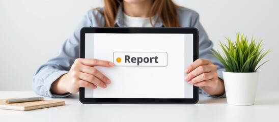 Cyberbullying prevention concept. Woman holding tablet displaying a report document with a plant nearby.