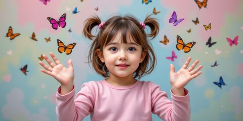 Cyberbullying prevention concept. A joyful child surrounded by colorful butterflies.
