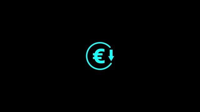 Abstract decrease icon on black background. Euro rate down looped icon. Reduce costs sign and symbol.