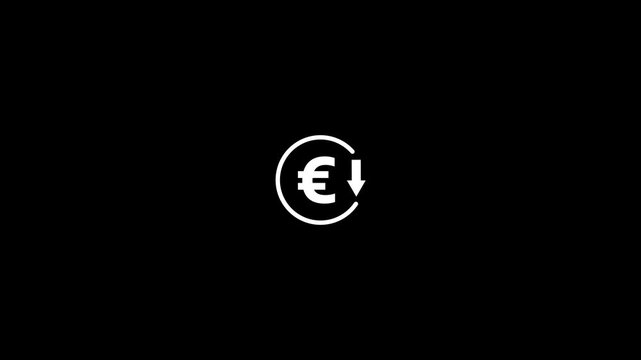 Abstract decrease icon on black background. Euro rate down looped icon. Reduce costs sign and symbol.