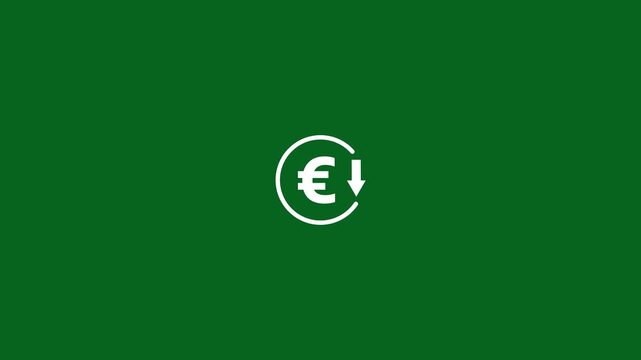 Abstract decrease icon on green background. Euro rate down looped icon. Reduce costs sign and symbol.