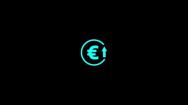 Abstract decrease icon on black background. Euro rate up looped icon. Reduce costs sign and symbol.