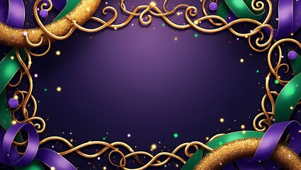 Vibrant Mardi Gras social media background with intricate purple, green, and gold border, blank center for text or images, festive and celebratory design.