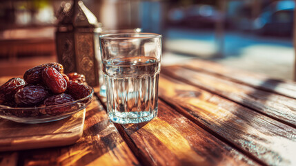 Dates and glass of water on wooden table at sunset, traditional iftar setting during Ramadan, symbol of breaking fast, simplicity, gratitude, and spiritual calm after day of fasting.