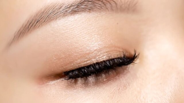 Extreme close-up of a woman's eye with dramatic eyelashes and brown iris