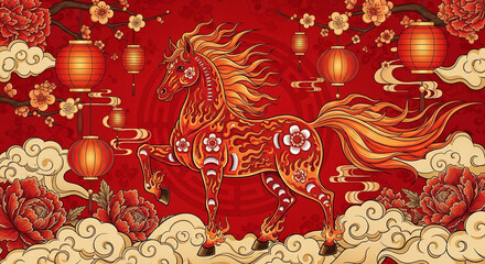 An ornamental Chinese zodiac horse artwork with a rich red background, decorated with traditional patterns and festive elements. Represents luck, celebration, and prosperity for Lunar New Year themes.