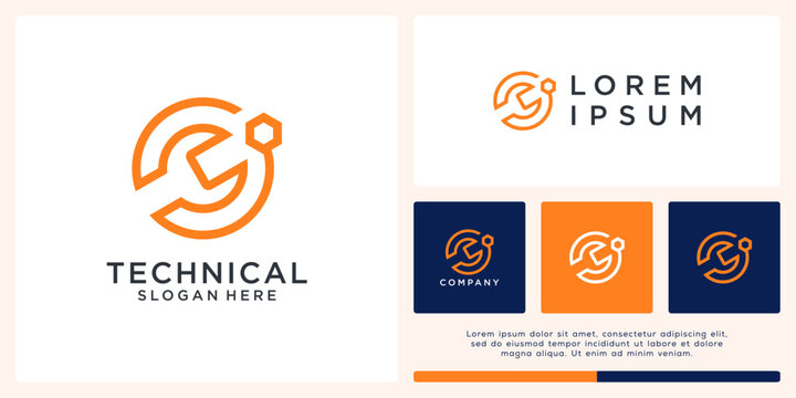 Technical wrench logo design line tech.