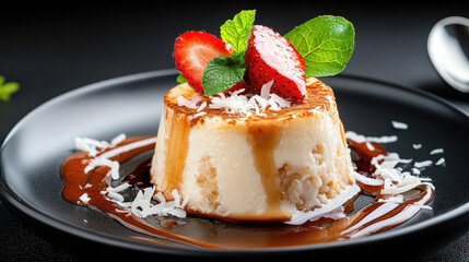 dessert plate with brown coconut rice pudding, drizzled with coconut milk, artistic garnish, studio food photography, copy s