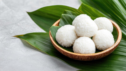 dessert plate with white coconut rice pudding drizzled with coconut milk, artistic garnish, studio food photography