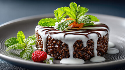 dessert plate with brown coconut rice pudding, drizzled with coconut milk, artistic garnish, studio food photography, copy s