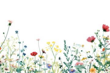 Delicate watercolor illustration of a variety of wildflowers in bloom, featuring soft pastel colors and a whimsical, artistic style, perfect for natural themes.