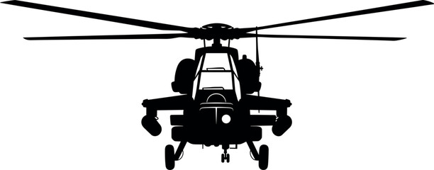 Silhouette of military attack helicopter front view, black and white illustration symbolizing aviation, defense technology, air force power and security operations © MDKHALEDUL