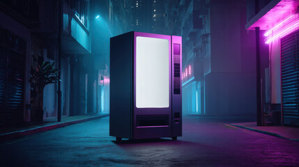 A dark metallic vending machine with a large blank white screen, bathed in the glow of purple and blue neon lights in a futuristic, cyberpunk-style alley, front view, mockup.