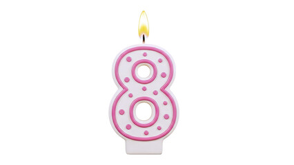 Number 8 birthday candle with a lit flame
