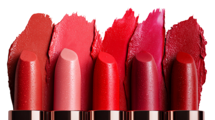 Row of red and pink lipstick tubes with textured cream color strokes