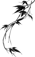 Obraz premium Black silhouette of bamboo leaves and branches isolated on white background. Vector illustration.Decorative bamboo plant silhouette suitable for Asian style design. Vector graphic.