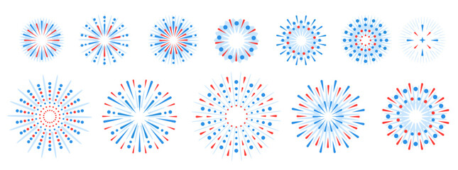 Set of holiday colorful firework explosion isolated on white background. Independence day of America. Vector illustration