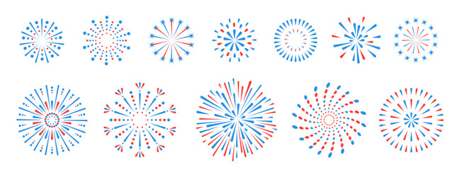 Set of holiday colorful firework explosion isolated on white background. Independence day of America. Vector illustration