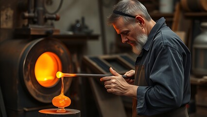 blowpipe. Glassblower shaping molten glass with blowpipe in workshop with furnace glow. safety posters, maintenance manuals, designed for precision metalworking and fabrication facilities.