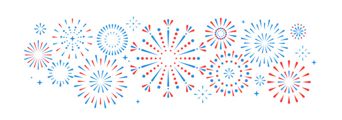 Set of holiday colorful firework explosion isolated on white background. Independence day of America. Vector illustration