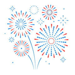 Set of holiday colorful firework explosion isolated on white background. Independence day of America. Vector illustration