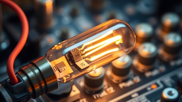 workaround. Industrial fuse tube glowing on a circuit board with electrical components. symbolizing technological progress and responsible innovation.