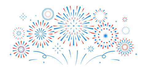 Set of holiday colorful firework explosion isolated on white background. Independence day of America. Vector illustration