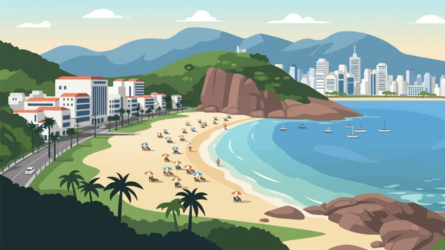 A vibrant coastal cityscape with a busy beach, lush green hills, and sailboats
