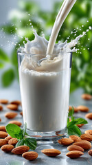 Pouring fresh almond milk into a glass with raw almonds on a wooden board. Healthy plant-based beverage in a natural, sunny setting.copy space,