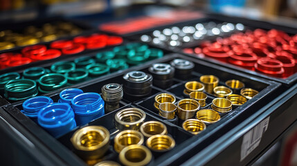 selection of plumbing connectors and pipe fittings in hardware store, organized drawers with small parts